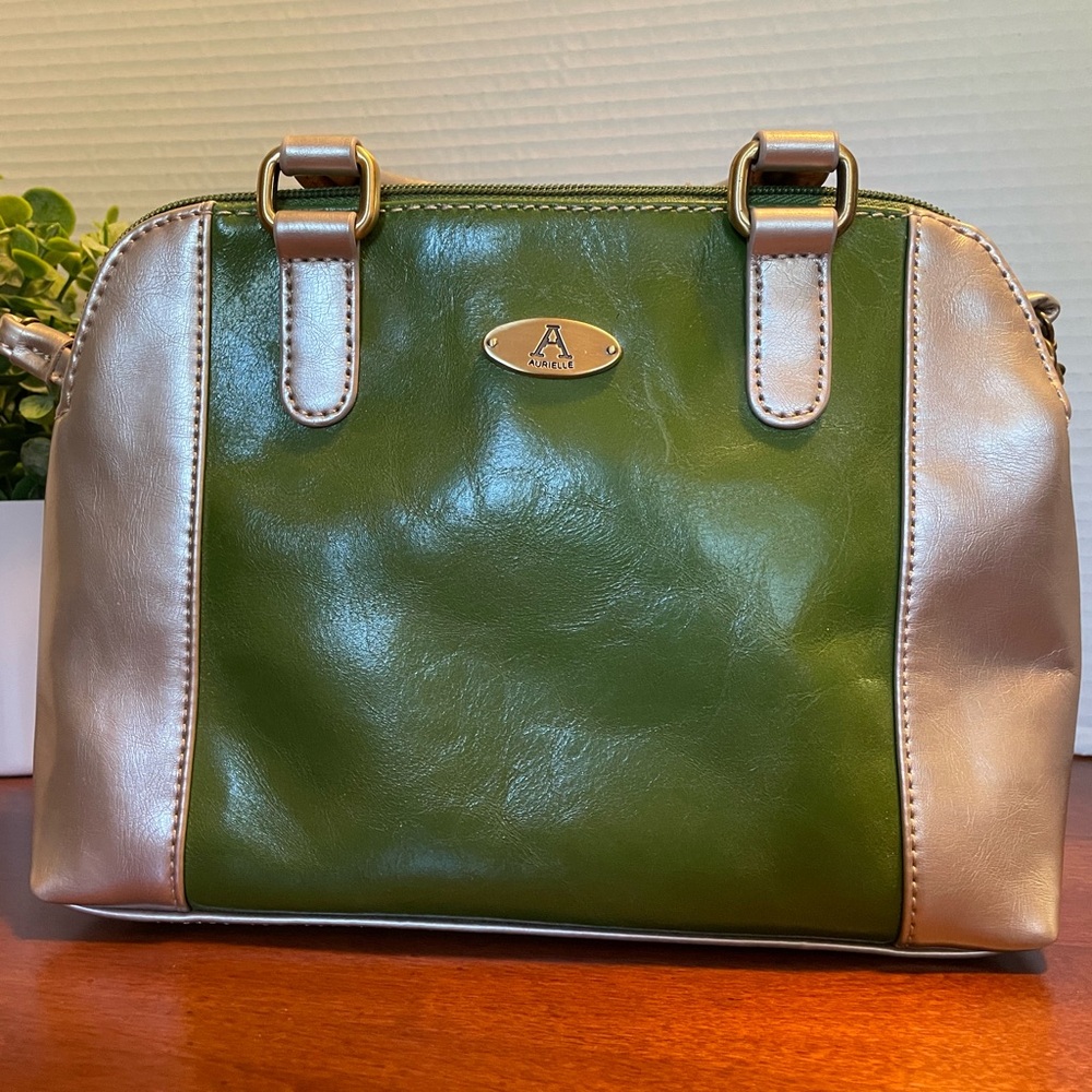 Aurielle Leather, Green And Silver Gray Handbag/Crossbody.